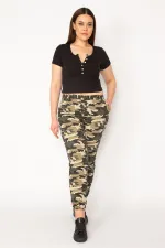 KADIN HAKİ KAMUFLAJ DESEN PAÇA LASTİKLİ CEPLİ PANTOLON