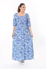 Kadın Büyük Beden Mavi Göğüs Kısmı Gipe Lastikli Etek Ucu Katlı Uzun Elbise 65N37737
