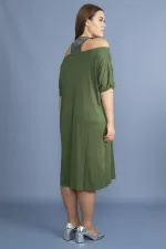 Kadın Haki Sim Detaylı Ön Baskılı Viskon Elbise 65N27473