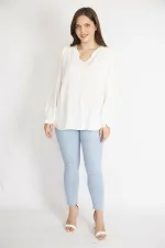 Kadın Kemik Büyük Beden Nopeli Kumaş Yaka Fırfırlı Kol Ağzı Lastikli Bluz