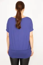 Kadın İndigo Büyük Beden Bisiklet Yakalı Etek Ucu Bantlı Tunik