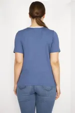 Kadın Mavi Büyük Beden Ön Pat Düğmeli Peto Cepli Kısa Kol Bluz