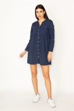 ROBE BLEU MARINE POUR FEMME AVEC POCHES ET PLIS À LA TAILLE