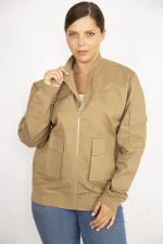 Women's Camel Plus Size Front Zippered Pocket Detailed Unlined Coat
