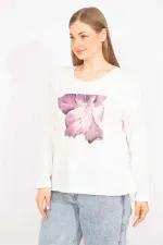 Kadın Kemik Büyük Beden Pamuklu Kumaş Kapri Kol Baskılı Bluz 65N35563