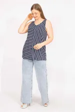 Kadın Lacivert Büyük Beden Çizgi Kombinli Bluz 65N35714