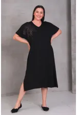 Kadın Büyük Beden Siyah, Omuz Pul Payet Çiçek Desenli, Rahat Kesim V Yaka Elbise 65N39088