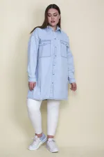 Kadın Mavi Salaş Kesim Çıtçıt Düğmeli Oversize Kot Tunik Ceket 65N28048