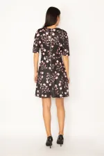 WOMEN'S BLACK ORNAMENT POCKET ZIPPERED FLORAL PATTERNED DRESS