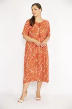 Kadın Oranj Büyük Beden Dokuma Viskon Kumaş Kısa Kollu Elbise