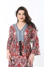 Kadın Büyük Beden Renkli V Yakalı Desenli Elbise 65N38846