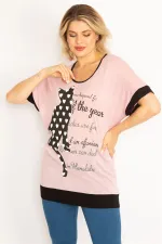 Kadın Pembe Kedi Figürlü Taş Ve Baskı Detaylı Düşük Kollu Tunik 65N34634