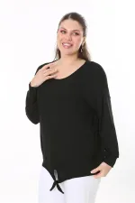 Kadın Büyük Beden Saks Önden Bağlamalı Uzun Kollu Bluz 65N37695