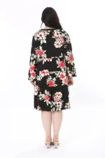 Kadın Büyük Beden Siyah V Yakalı Uzun Kollu Katlı Elbise 65N37944