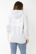 Women's Plus Size Gray Three-Thread Hooded Sweatshirt with Back Print 65N37204