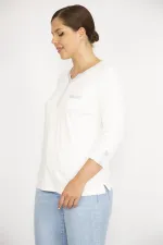 Kadın Büyük Beden Beyaz Sim Detaylı Öpücük Yakalı Kapri Kollu Bluz