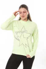 Kadın Büyük Beden Yeşil Sıfır Yaka Taş Detaylı Uzun Kollu Bluz 65N37708