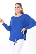 Kadın Büyük Beden Saks Önden Bağlamalı Uzun Kollu Bluz 65N37695