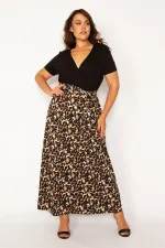 Kadın Leo Anvelop Yaka Leopar Desen Beli Kuşaklı Uzun Elbise 65N34055