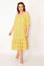 Kadın Fujya Yaka Lastikli Etek Ucu Büzgülü Dokuma Viskon Kumaş Elbise 65N33250