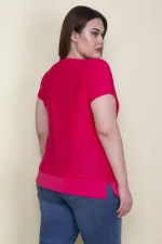 Kadın Fuşya Etek Ucu Düz Krep Düşük Kollu Kendinden Çizgili Bluz 65N26139