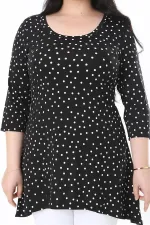 Kadın Büyük Beden Siyah Puan Desenli Kapri Kollu Bluz 65N38010