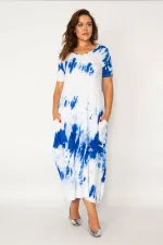 Kadın Saks Batik Desen V Yaka Cepli Elbise 65N33979