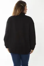 Kadın Büyük Beden Siyah İçi Şardonlu Ön Patı Fermuar Ve Nakış Detaylı Sweatshirt 65N37017