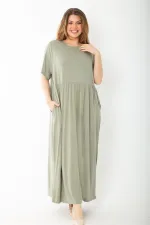 Kadın Büyük Beden Haki Bel Büzgülü Kısa Kollu Uzun Elbise 65N37757