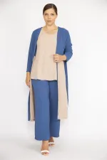 Kadın Büyük Beden İndigo Hırka İç Bluz Ve Pantolon Üçlü Takım