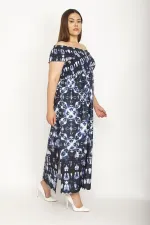 Kadın Fuşya Yakası Geniş Gipe Lastikli Yan Yırtmaçlı Uzun Elbise 65N26897