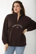 Kadın Büyük Beden Kahve İçi Şardonlu Ön Pat Fermuarlı Nakışlı Sweatshirt 65N37202