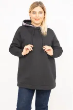 Kadın Füme Büyük Beden 3 İplik İçi Şardonlu Kapşonlu Sweatshirt 65N35750