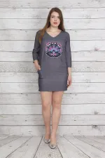 KADIN GRİ ÖN BASKILI CEPLİ TUNİK ELBİSE