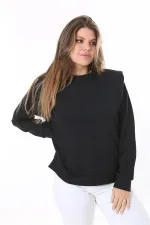 Women's Plus Size Black Shoulder Detailed Front Printed Sweatshirt 65N38050