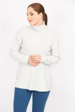 Kadın Gri Büyük Beden Boğazlı Yaka Yumoş Kumaş Kendinden Çizgili Tunik