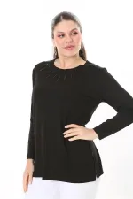 Kadın Büyük Beden Siyah Taş Ve Arka Robası Dantel Detaylı Uzun Kollu Bluz 65N37694
