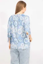 Kadın Mavi Büyük Beden Yaka Lastikli Kol Bağcıklı Bluz 65N35665