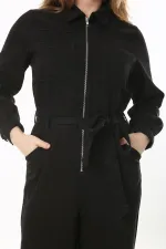 Kadın Büyük Beden Siyah Ön Fermuarlı Arka Beli Lastik Ve Kuşak Detaylı Cepli Tulum 65N37469