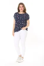 Kadın Büyük Beden Lacivert Pamuk Kumaş Etek Ucu Lastikli Düşük Kollu Bluz 65N37895