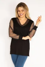 Kadın Mürdüm Yaka Ve Kolları Simli Tül Bluz 65N35185