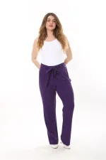 Kadın Büyük Beden Mor Yan Cepli Beli Kuşaklı Likralı Klasik Pantolon 65N37568