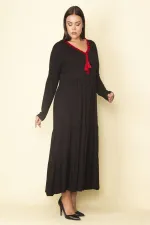 Kadın Kırmızı Yaka Detaylı Belden Büzgülü Katlı Uzun Elbise 65N28082