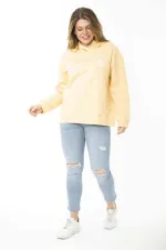 Kadın Büyük Beden Sarı Arka Ve Göğüs Baskılı İki İplik Kapşonlu Sweatshirt 65N37164