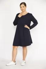 Kadın Büyük Beden Lacivert Bisiklet Yakalı Belden Büzgülü Uzun Kollu Tunik Elbise