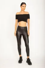 WOMEN'S BLACK FRONT ARTIFICIAL LEATHER COATING, BACK VISCOSE FABRIC LEGGINGS TROUSERS
