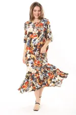 Kadın Büyük Beden Mavi Dokuma Viskon Kumaş Eteği Katlı Kısa Kollu Elbise 65N37868