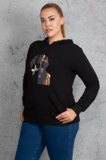 Kadın Siyah Ön Baskı Ve Taş Detaylı Kapşonlu Sweatshirt 65N18832