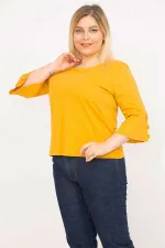 Kadın Hardal Büyük Beden Pamuklu Kumaş Kolları Süs Düğmeli Kapri Kollu Bluz 65N35766