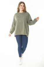 Women's Plus Size Khaki Ribbed Slit Sweatshirt 65N37177